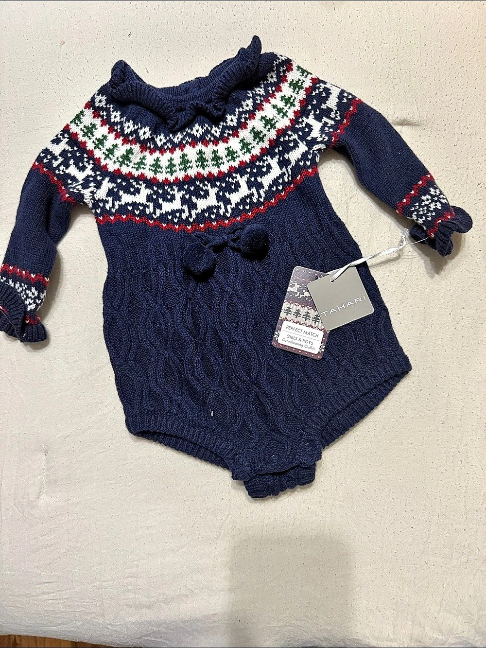 Tahari Baby Fair Isle Knit Romper Blue NWT
